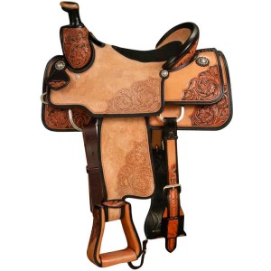 A team roping western saddle featuring a leather hand tooled roses with partially suede seat, customizable seat size and personalized silver conchos